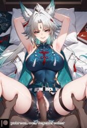 1girls after_sex after_vaginal ai_generated angry cum cum_in_pussy dark-skinned_male degenbrecher drunk feixiao_(honkai:_star_rail) honkai:_star_rail large_breasts patreon patreon_username scowl subscribestar subscribestar_username