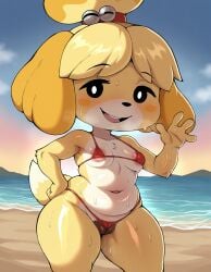 ai_generated animal_crossing animal_genitalia areola_slip areolae beach bikini blush_stickers buurazu canine canine_pussy chubby chubby_female fat_pussy furry furry_female hand_on_hip happy isabelle_(animal_crossing) micro_bikini public_exposure puffy_pussy pussy pussy_floss shortstack small_breasts smile solo solo_female swimsuit thick_thighs waving waving_at_viewer wet wet_body wet_skin yellow_fur