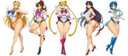 5girls ami_mizuno back_bow barely_covered_crotch bishoujo_senshi_sailor_moon black_hair blond_hair blonde_hair blue_bow blue_eyes blue_hair boobs_and_butt_pose brown_hair devil_horns_(gesture) finger_gun green_boots green_eyes gurimjang hair_buns hand_on_hip hi_res high_heel_boots high_heel_shoes high_heeled_boots high_heels huge_breasts huge_butt knee_length_hair long_hair long_hair_female looking_at_viewer looking_over_shoulder makoto_kino minako_aino miniskirt one_leg_raised one_leg_up orange_heels pigtails pink_bow ponytail purple_bow purple_eyes red_bow rei_hino sailor_jupiter sailor_mars sailor_mercury sailor_moon sailor_senshi sailor_senshi_uniform sailor_venus thick_thighs tiara touching_chest usagi_tsukino white_background white_shirt wide_hips