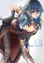 1girls big_breasts black_hairband blue_eyes byleth_(female)_(fire_emblem) byleth_(fire_emblem) byleth_(jehanna)_(fire_emblem_(female) cleavage dagger fire_emblem fire_emblem:_the_sacred_stones fire_emblem:_three_houses fire_emblem_heroes hairband high_res holding holding_dagger holding_knife holding_weapon kazu20200224 knife leaning_forward long_hair looking_at_viewer nintendo official_alternate_costume open_mouth smile teal_hair weapon