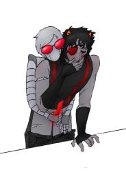 black_hair bulge commander_karkat dave_strider davebot hang_over_mouth jerking_off jerking_off_another karkat_vantas male/male male_only red_eyes robot slurry troll_(homestuck)