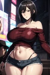 1girls 2d 2d_(artwork) ai_generated asian asian_female attack_on_titan big_breasts big_breasts black_underwear blue_shorts breasts breasts female female_focus female_only large_boobs large_breasts light-skinned_female light_skin midriff mikasa_ackerman shingeki_no_kyojin shorts solo solo_female solo_focus underwear