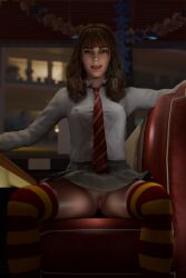 3d blender brown_hair emma_watson enigmaj female_focus female_only flashing_pussy harry_potter hermione_granger legs_spread light-skinned_female looking_at_viewer no_panties pokies pussy sitting skirt solo_female thighhighs tie upskirt white_shirt