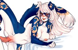 anthro bed blush canid canine duo female fluffy fluffy_tail furniture hair long_hair male male/female mammal nipples nude smile solo_focus spread_legs spreading tail vaginal_penetration yuwi-cyu