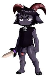 anthro anthro_only balls bell_collar black_body black_collar black_fur black_hair cock collar cult_of_the_lamb dark-skinned_male dark_fur dark_skin fur furry furry_ears furry_male furry_only genitals goat goat_boy goat_horns holding_melee_weapon holding_object holding_sword holding_weapon male male_anthro male_furry melee_weapon penis simple_background solo solo_male standing sword testicles weapon white_background young young_male