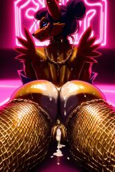 arched_back big_ass club cu cum_in_pussy cum_in_pussy cum_inside cum_on_body digimon gold_(metal) gold_jewelry gold_lingerie laying_down lingerie looking_back neon_lights pussy renamon thick_thighs wet wet_pussy yellow_fur