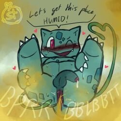 ass ass_focus blush bulbasaur dialogue fart fart_cloud fart_fetish farting heart_symbol male_only musk onomatopoeia penis pokemon pokemon_(species) pokopia precum solo stinkslutbunny sweat watermark