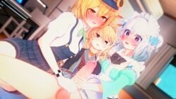 1futa 2girls blonde_hair cum dokibird dooby3d double_handjob handjob huge_cock indie_virtual_youtuber mint_fantome tagme threesome virtual_youtuber wataamage white_hair