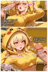 ai_generated blonde_hair comic comic_page cosplay cosplay_pikachu_(costume) miaulust pikachu pikachu_(cosplay) pikachu_ears pokeball pokegirl pokegirl_as_pokemon pokemon pokemon_(species) rule34 yellow_hair