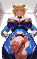 ai_generated alternate_costume althaean artoria_pendragon_(lancer) blonde_hair cleavage cleavage_overflow crown depth_of_field fate/grand_order fate_(series) futanari gauntlets gold_jewelry hair_between_eyes hair_bun huge_breasts large_balls large_penis large_testicles low-angle_view nipple_slip nipples plump precum precum_drip puffy_nipples short_hair stable_diffusion sweat tagme thick_thighs tiara tied_hair veiny_penis