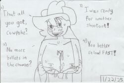 arms_pinned asking_for_more blush cow_print_bikini cowboy_hat cum_between_breasts cum_dripping_from_breasts dated half-closed_eyes hands_on_breasts large_breasts nipples nodders pencil_(artwork) self_upload shgurr strap_slip sweatdrops talking_to_viewer text titjob youtube youtuber