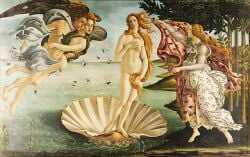 cattail_(plant) covering_breasts female goddess naked naked_female no_bra nude nude_female ocean orange_hair painting painting_(artwork) paper_fan people people_in_background roman_mythology trees venus white_skin wings