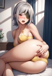 ai_generated ass bedroom eyepatch gina_dickinson god_eater god_eater_2:_rage_burst gray_hair lingerie on_bed pale-skinned_female red_eyes spread_anus thighs yellow_lingerie