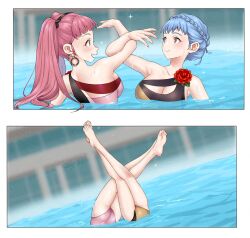 2_panel_comic 2girls arms_up ass ass_peek beautiful beautiful_legs beautiful_thighs bewitching_thighs blue_hair blurry_background breasts cleavage cleavage_cutout column earrings feet female fire_emblem fire_emblem:_three_houses fire_emblem_warriors:_three_hopes gold_swimsuit grey_eyes hair_bun hilda_valentine_goneril indoor_pool intelligent_systems large_breasts legs legs_intertwined legs_together legs_up locked_arms looking_at_another marianne_von_edmund multiple_views nintendo one-piece_swimsuit partially_submerged perfect_legs performance performing pillar pink_eyes pink_hair pink_swimsuit posing redkite rose_(flower) skindentation smile smiling swimming swimming_pool swimsuit synchronized_swimming thighs twintails