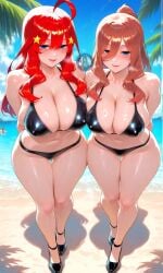 2girls ai_generated bikini breasts female female_focus female_only go-toubun_no_hanayome large_breasts light-skinned_female light_skin looking_at_viewer multiple_girls nakano_miku shiny_skin sisters swimsuit thighs wide_hips yuukiai