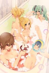 1boy background bath blonde_hair brown_hair bubbles color female green_eyes group hatsune_miku kagamine_len kagamine_rin kaito_(cameo) long_hair male meiko nude red_eyes short_hair sitting vocaloid water