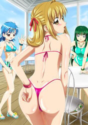 akai_shinju ankoku_tiger ass bikini black_eyes blonde_hair blue_hair blush bracelet breasts brown_eyes brown_hair chair cleavage dimples_of_venus from_behind green_hair hair_ornament hair_ribbon hairclip hand_on_hip hanon_hosho highres hips houshou_hanon jewelry lina_toin lipstick long_hair looking_back lucia_nanami makeup mermaid_melody_pichi_pichi_pitch multiple_girls nail_polish nanami_lucia necklace official_style one-piece_swimsuit open_mouth polka_dot red_eyes ribbon rina_toin sandals short_hair shorts swimsuit table thong_bikini touin_rina very_long_hair waving