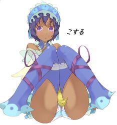 ass ass_focus banana color dark_skin edna_(mystery_dungeon) female female_only food mystery_dungeon panties purple_eyes purple_hair simple_background solo striped_panties white_background