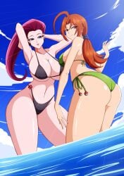 2girls ass big_ass big_breasts bikini bikini_bottom bikini_top black_bikini blue_eyes breasts brown_eyes brown_hair brown_hair_female cleavage delia_ketchum_(pokemon) ear_piercing earrings female female_only green_bikini hair hands_behind_head hips huge_breasts jessie_(pokemon) kmkz-art lips long_hair long_hair_female mature mature_female mature_woman milf mother multiple_girls pink_hair pokemon pokemon_(anime) ponytail seductive seductive_look smile swimwear thick_thighs thighs water wide_hips