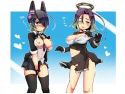 2girls :3 areolae black_hair blush breasts breasts_out checkered_necktie cum cum_on_body cum_on_breasts cum_on_upper_body eye_patch fingerless_gloves gloves headgear heart kantai_collection kona_sleipnir looking_at_viewer mechanical_halo medium_breasts multiple_girls necktie nipples one_eye_closed open_mouth purple_eyes purple_hair short_hair skirt skirt_tug sweatdrop tatsuta_(kantai_collection) tears tenryuu_(kantai_collection) thighhighs torn_clothes wavy_mouth yellow_eyes