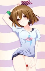 bluetheater bottomless brown_eyes brown_hair censored earrings female female_only food fruit human human_only jewelry k-on! listen!! lying no_panties solo star strawberry uncensored yui_hirasawa_(k-on!)