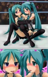 2girls aqua_nails bare_shoulders black_legwear black_thighhighs blush breath catfight clenched_teeth detached_sleeves eye_contact female female_only frills green_eyes green_hair hair hatsune_miku hatsune_miku_(cosplay) headphones heart highres hirondo hug human hypnosis kagami_hiiragi kissing long_hair looking_at_another lucky_star mind_control multiple_females nail_polish necktie panties pleated_skirt purple_eyes saliva saliva_trail selfcest sexfight skirt striped striped_panties tareme thighhighs tied_hair tongue trembling tsurime twintails underwear very_long_hair vocaloid wrestling yuri