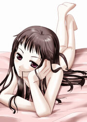 ar_tonelico ar_tonelico_ii barefoot bed_sheet black_hair chin_rest gust hair_in_mouth inumori_sayaka jakuri leg_lift long_legs lying on_stomach panties purple_eyes side-tie_panties smile solo topless underwear