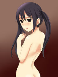 azusa_nakano_(k-on!) black_hair blush brown_eyes female female_only gossa-tei highres human human_only k-on! looking_back nude solo tied_hair twintails