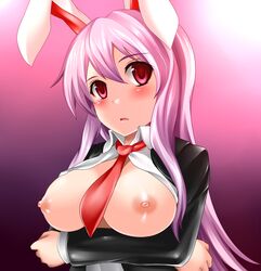 1girls animal_ear blazer blush breasts bunny_ear female highres large_breasts long_hair necktie nipples pink_hair red_eyes reisen_udongein_inaba solo touhou yoshimo