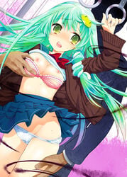 breasts chikan color frog green_eyes green_hair hair_ornament imminent_rape kiritomo_coroha kiritomo_koroha long_hair molestation nipples panties panty_pull sanae_kochiya school_uniform snake touhou train train_interior underwear