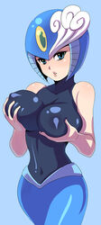 1girls 5_fingers alternate_breast_size alternate_costume alternate_outfit areola areolae bare_shoulders belly belly_button big_breasts blue_background blue_eyes breast_grab breast_hold breast_squeeze breasts capcom cleavage clothed clothes clothing covered_navel erect_nipples eyelashes female female_only helmet hips humanoid jiayulong large_breasts lips looking_at_viewer mega_man mega_man(classic) navel nipple_bulge nipples pose posing robot robot_girl seductive seductive_eyes seductive_look simple_background skin_tight solo solo_female splash_woman thick thick_thighs thighs voluptuous wide_hips