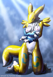 breasts color digimon female female_only front_view kemono_inukai kneeling renamon solo tagme vulva