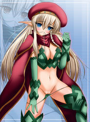 allean beret blonde_hair blue_eyes blush boots breasts cape cleavage elbow_gloves gloves hair_in_mouth hat large_breasts leaf_panties leaf_print legs long_hair panties panty_pull pointy_ears print_panties pussy queen's_blade rushima thigh_boots thighhighs thighs uncensored underwear undressing zoom_layer