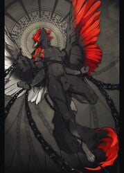 animal_genitalia anthro arm_tattoo black_body black_fur canid canine canis chained chains fireflufferz fully_sheathed fur genitals hair hi_res male mammal markings red_hair sheath solo spread_wings tattoo tribal tribal_markings wings wolf xion_archaeus