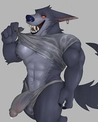 1boy abs absurd_res anthro balls biceps big_balls big_penis blue_nose bodily_fluids boner bulge canid canine canis claws clothing ear_piercing ear_ring erection finger_claws fleshformomo fur genital_fluids genitals grey_body grey_fur half-erect hi_res league_of_legends male male_only mammal muscular muscular_anthro muscular_male navel nipples open_mouth open_smile orange_eyes penis piercing pinup pose precum precum_through_clothing quads red_sclera riot_games sharp_teeth shirt simple_background smile smooth_skin solo solo_male teeth tongue topwear translucent translucent_clothing underwear video_games warwick were werecanid werecanine werewolf wet wet_clothing wolf