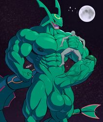 abs absurdres ambiguous_gender anon anthro anthrofied areola big_muscles big_penis biped duo e-zoid erection fist full_moon genitals giant_male glans green_balls green_body green_penis highres holding_character huge_balls huge_cock huge_muscles humanoid larger_anthro larger_male looking_at_another macro macro_male male male_only micro_in_hand micro_male micro_on_macro moon muscular muscular_anthro muscular_male nintendo nipples nude open_mouth pecs penis pokémon_(species) pokémorph pokemon rayquaza size_difference smaller_ambiguous smaller_humanoid space testicles vein veiny_penis yellow_eyes