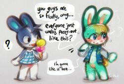 ? animal_crossing anthro aroused blush bodily_fluids bottomless casual_bottomless casual_exposure clothed clothing cuntboy cuntboy_with_female dessert dialogue digital_media_(artwork) dotty_(animal_crossing) dress dripping duo english_text female food genital_fluids genitals ice_cream intersex jacket lagomorph leporid licking long_ears mammal nintendo panken public public_nudity pussy pussy_juice pussy_juice_drip rabbit sasha_(animal_crossing) smile standing sweat text tongue tongue_out topwear video_games