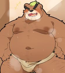 0119_muu 2021 anthro ashigara balls belly blush bodily_fluids brown_body closed_eyes genitals hi_res humanoid_hands kemono lifewonders male male_only mammal moobs musk navel nipples overweight overweight_male penis solo sweat tokyo_afterschool_summoners ursid video_games