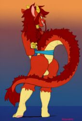 anthro ass balls dragon genitals handcuffs hands_behind_back horn keishinkae licking looking_at_viewer looking_back male open_mouth restraints self_lick shackles signature simple_background solo standing teeth tongue tongue_out