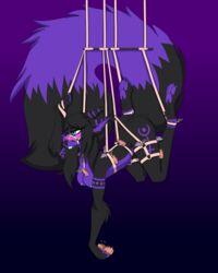 4:5 absurd_res anthro black_hair black_nose blue_eyes blush bondage bondage bound breasts canid canine canis digital_media_(artwork) female flower freyja_(nightfox934) fur hair hi_res mammal nipples nude plant possxm purple_body purple_fur simple_background solo submissive tongue wolf