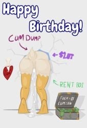 amorousartist amorousartist_(character) anatid anseriform anthro anus avian bird bodily_fluids cum cum_leaking disney disney_channel disney_xd duck ducktales ducktales_(2017) english_text gay genital_fluids glory_hole graffiti happy_birthday hi_res inflation male male_only messy money penis prostitution solo text therita3k