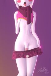 3d_(artwork) ambiguous_species anthro batgaru blush bottomwear chloe_(batgaru) clothed clothing digital_media_(artwork) fangs fur gay genitals girly hi_res male microskirt miniskirt mostly_nude no_underwear open_mouth out_of_frame partially_clothed penis pink_nose pink_penis scarf signature simple_background skimpy skirt solo solo_male standing tongue tongue_out torn_clothing torn_skirt trap white_body white_fur young