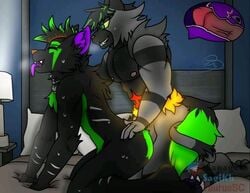 anthro azure_meteora black_body canid canine duo erection felid feline fur furniture genitals incineroar internal male male/male male_only mammal mohawk nintendo pokémon_(species) pokemon video_games watermark