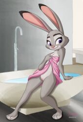 2020 anthro bath bathing bathroom bathtub breasts covering covering_breasts covering_self dazzlekong disney exposed eyebrows eyelashes female genitals hi_res judy_hopps lagomorph leporid mammal nude purple_eyes pussy rabbit sitting smile solo tagme towel towel_only water zootopia