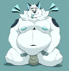 2021 anthro balls_outline belly black_nose blue_background bulge canid canine canis domestic_dog genital_outline hi_res humanoid_hands male mammal moobs navel nipples overweight overweight_male penis_outline simple_background smashbeaw solo tongue tongue_out white_body