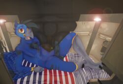 3_toes absurd_res anthro avian bird blue_body blue_feathers bodily_fluids conditional_dnp detailed_background feathers feet genital_fluids genitals hi_res humanoid_genitalia humanoid_penis lens_flare lying male on_side parrot penis precum relaxing seductive slates1n smile solo toes truck_cab