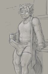 9:14 anthro balls_outline beverage big_bulge biped bodily_fluids bulge canid canine clothed clothing coffee coffee_mug detailed_bulge dialogue dragon dripping erection erection_under_clothing fox genital_fluids genital_outline hair hi_res hybrid jin_(jindragowolf) jindragowolf looking_at_viewer male mammal monochrome morning_wood muscular penis_outline precum precum_drip precum_through_clothing scalie smile solo standing underwear wet wet_clothing