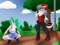 4:3 android anthro appelknekten big_breasts breasts broly_culo canid canine clothing digital_media_(artwork) duo erection fan_character female fur genitals hair hi_res horn humanoid long_hair machine male male/female mammal meme penis phantasy_star_online_2 robot xaria