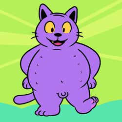 1:1 anthro black_nose dad_cat_(deltarune) deltarune detailed_background domestic_cat felid feline felis flaccid fur genitals green_background male mammal navel nipples nishi_oxnard nude open_mouth overweight overweight_male pawpads penis pink_pawpads purple_body purple_fur simple_background smile solo teeth_showing tongue_showing undertale_(series) video_games whiskers yellow_sclera