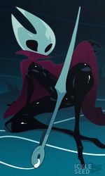 arthropod black_body breasts cloak clothing crossed_legs featureless_breasts featureless_crotch female genitals glistening glistening_body hi_res hollow_knight hornet_(hollow_knight) humanoid ickleseed non-mammal_breasts presenting pussy red_clothing sitting small_breasts solo team_cherry video_games weapon